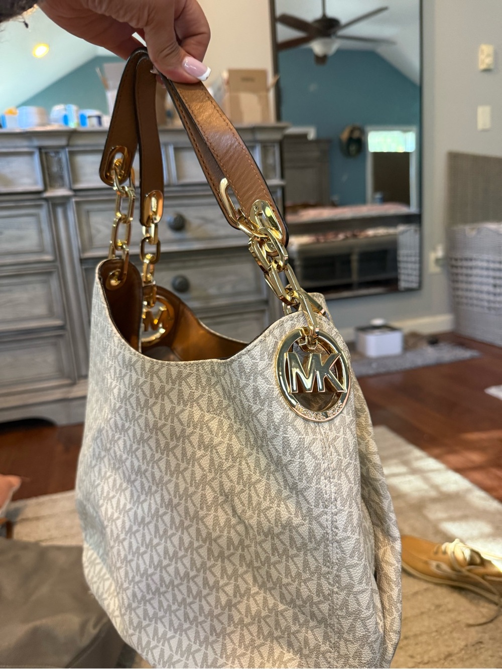 Michael Kors Cream MK Signature Shoulder Bag with Gold Hardware